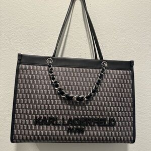 Karl Lagerfeld Paris Black Grey Monogram Chain Tote NWT